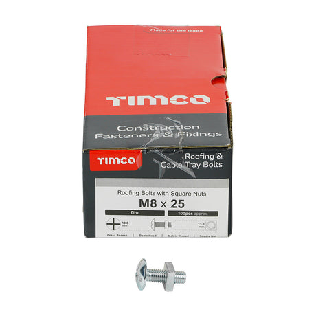 This is an image showing TIMCO Roofing Bolts with Square Nuts - Zinc - M8 x 25 - 100 Pieces Box available from T.H Wiggans Ironmongery in Kendal, quick delivery at discounted prices.