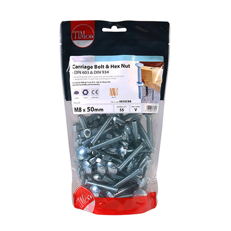 This is an image showing TIMCO Carriage Bolts & Hex Nuts - Zinc - M8 x 50 - 55 Pieces TIMbag available from T.H Wiggans Ironmongery in Kendal, quick delivery at discounted prices.