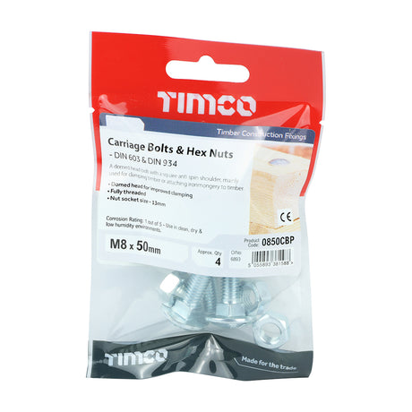 This is an image showing TIMCO Carriage Bolts & Hex Nuts - Zinc - M8 x 50 - 4 Pieces TIMpac available from T.H Wiggans Ironmongery in Kendal, quick delivery at discounted prices.