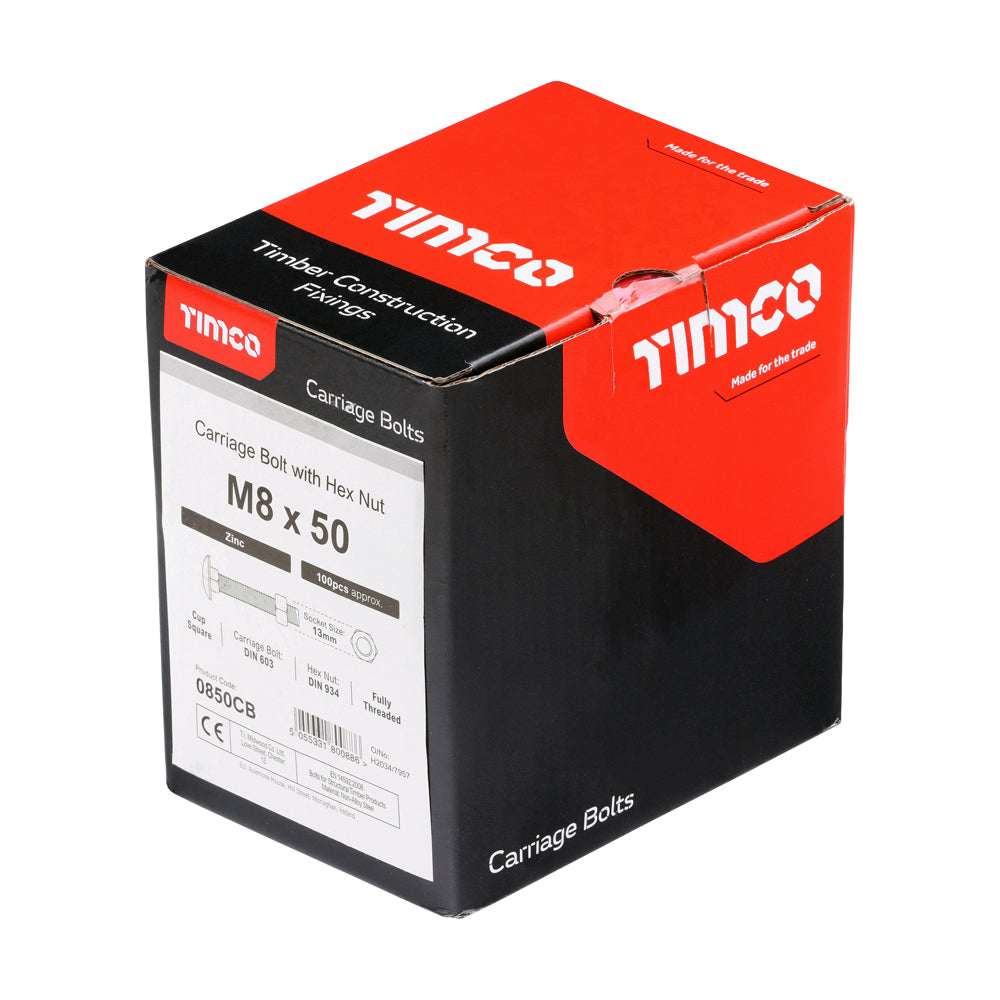 This is an image showing TIMCO Carriage Bolts & Hex Nuts - Zinc - M8 x 50 - 100 Pieces Box available from T.H Wiggans Ironmongery in Kendal, quick delivery at discounted prices.