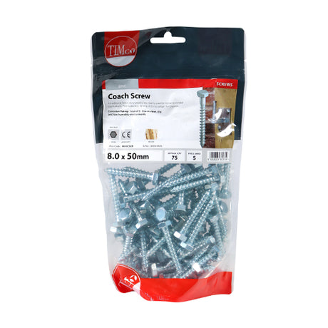 This is an image showing TIMCO Coach Screws - Hex - Zinc - 8.0 x 50 - 75 Pieces TIMbag available from T.H Wiggans Ironmongery in Kendal, quick delivery at discounted prices.