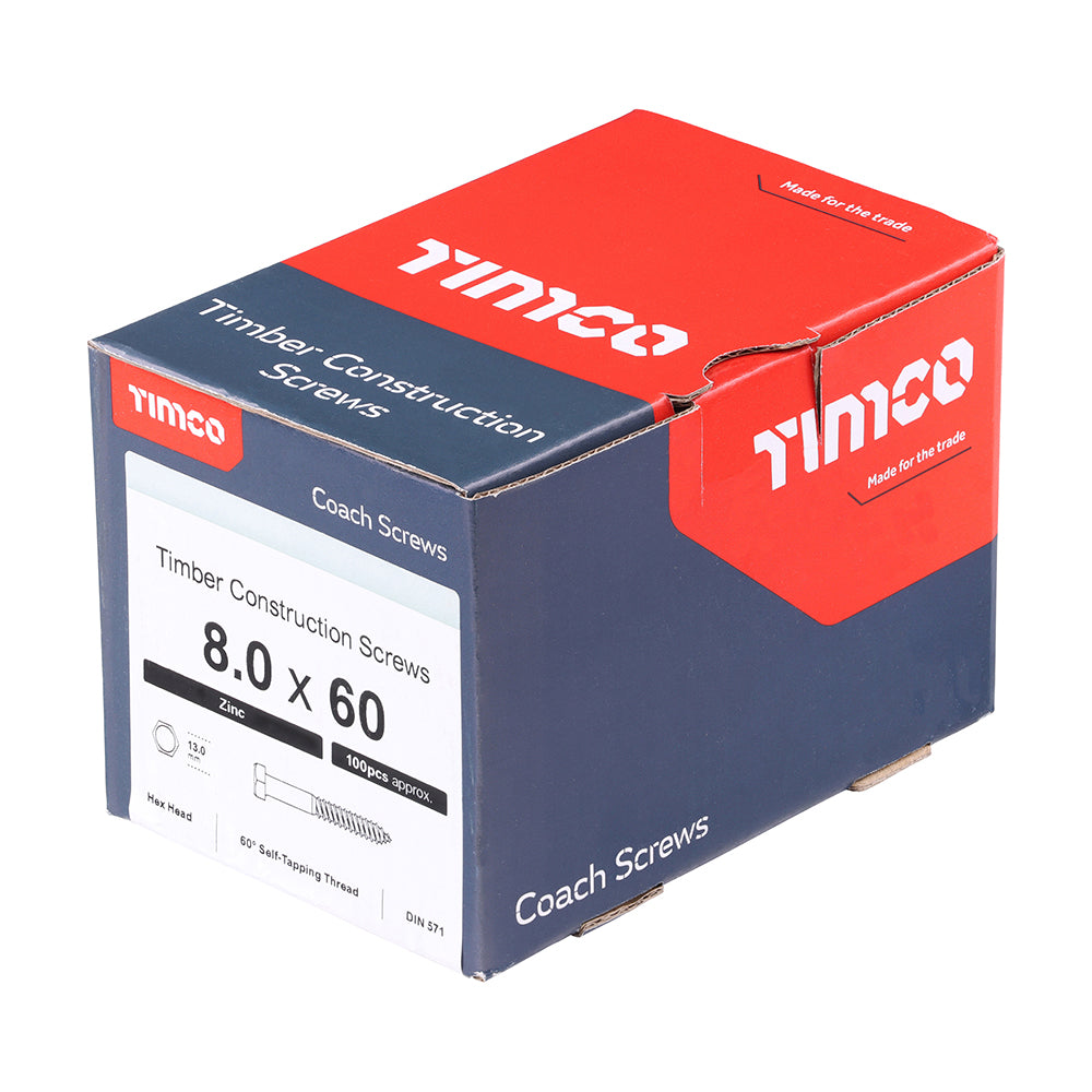 This is an image showing TIMCO Coach Screws - Hex - Zinc - 8.0 x 60 - 100 Pieces Box available from T.H Wiggans Ironmongery in Kendal, quick delivery at discounted prices.