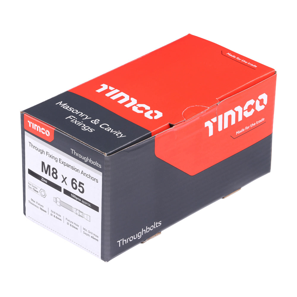 This is an image showing TIMCO Throughbolts - Zinc - M8 x 65 - 100 Pieces Box available from T.H Wiggans Ironmongery in Kendal, quick delivery at discounted prices.