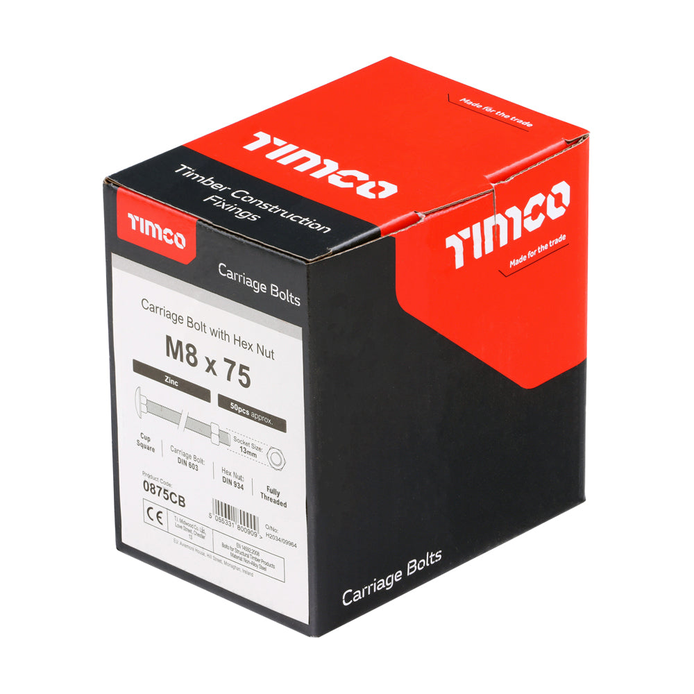 This is an image showing TIMCO Carriage Bolts & Hex Nuts - Zinc - M8 x 75 - 50 Pieces Box available from T.H Wiggans Ironmongery in Kendal, quick delivery at discounted prices.