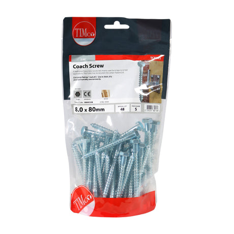 This is an image showing TIMCO Coach Screws - Hex - Zinc - 8.0 x 80 - 48 Pieces TIMbag available from T.H Wiggans Ironmongery in Kendal, quick delivery at discounted prices.