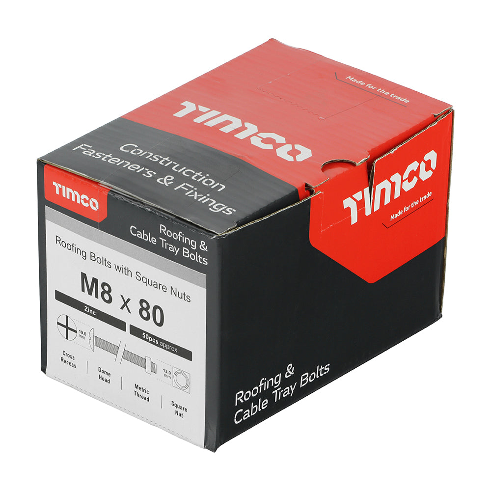 This is an image showing TIMCO Roofing Bolts with Square Nuts - Zinc - M8 x 80 - 50 Pieces Box available from T.H Wiggans Ironmongery in Kendal, quick delivery at discounted prices.