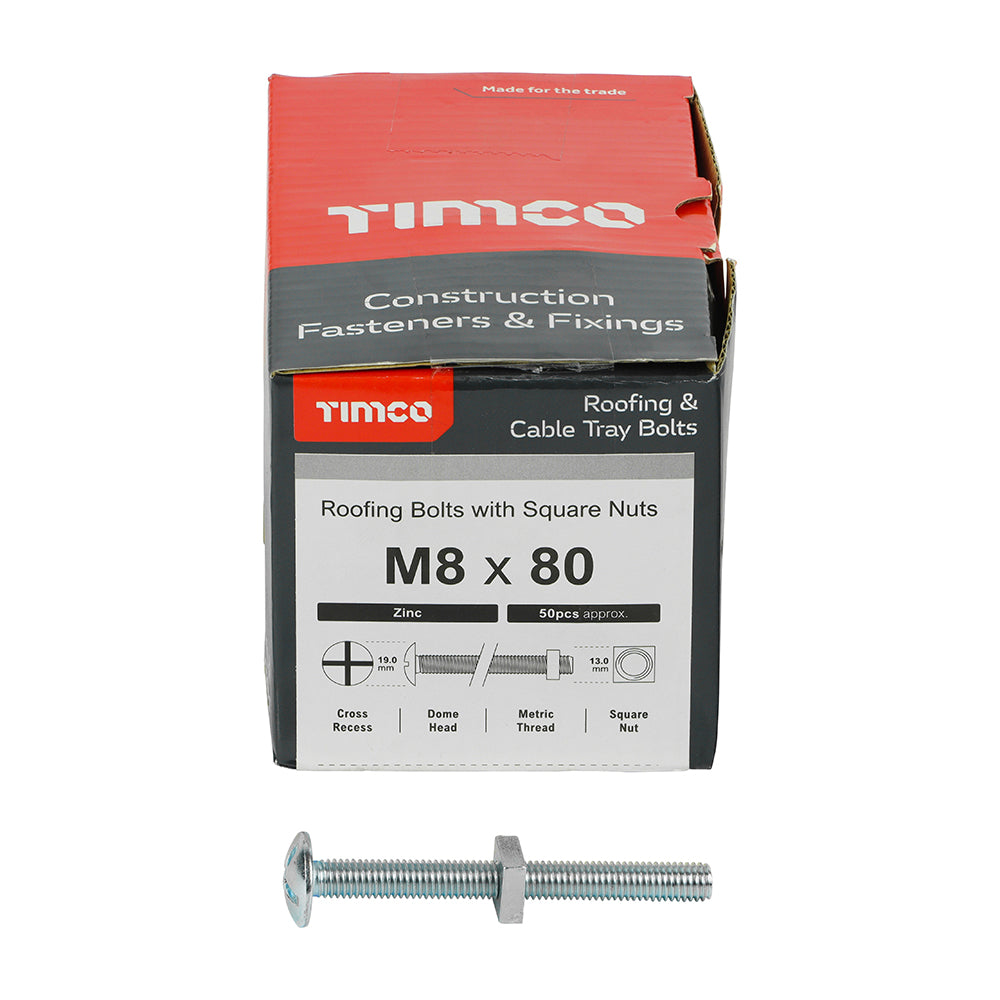 This is an image showing TIMCO Roofing Bolts with Square Nuts - Zinc - M8 x 80 - 50 Pieces Box available from T.H Wiggans Ironmongery in Kendal, quick delivery at discounted prices.