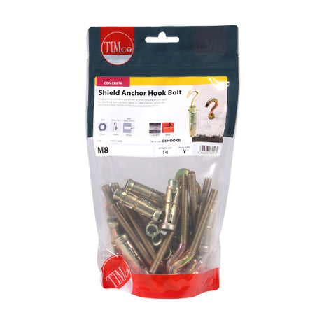 This is an image showing TIMCO Forged Hooks with Shield Anchors - Yellow - M8 - 14 Pieces TIMbag available from T.H Wiggans Ironmongery in Kendal, quick delivery at discounted prices.