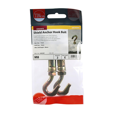 This is an image showing TIMCO Forged Hooks with Shield Anchors - Yellow - M8 - 2 Pieces TIMpac available from T.H Wiggans Ironmongery in Kendal, quick delivery at discounted prices.