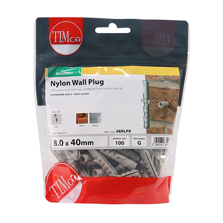 This is an image showing TIMCO Nylon Plugs - 8.0 x 40 - 100 Pieces TIMbag available from T.H Wiggans Ironmongery in Kendal, quick delivery at discounted prices.