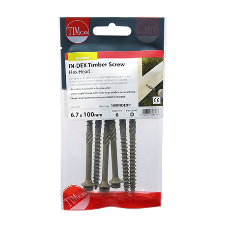 This is an image showing TIMCO Timber Screws - Hex Head - Exterior - Green - 6.7 x 100 - 6 Pieces TIMpac available from T.H Wiggans Ironmongery in Kendal, quick delivery at discounted prices.