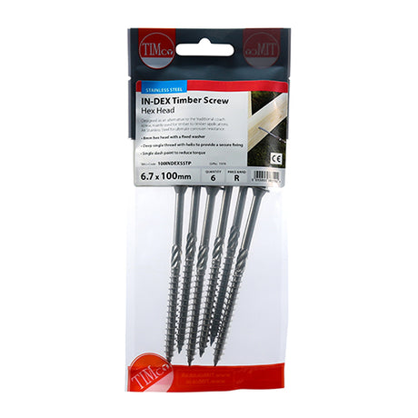 This is an image showing TIMCO Timber Screws - Hex - Stainless Steel - 6.7 x 100 - 6 Pieces TIMpac available from T.H Wiggans Ironmongery in Kendal, quick delivery at discounted prices.