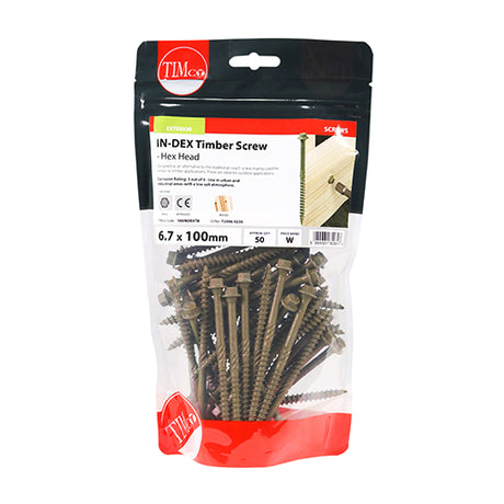 This is an image showing TIMCO Timber Screws - Hex Head - Exterior - Green - 6.7 x 100 - 50 Pieces TIMbag available from T.H Wiggans Ironmongery in Kendal, quick delivery at discounted prices.