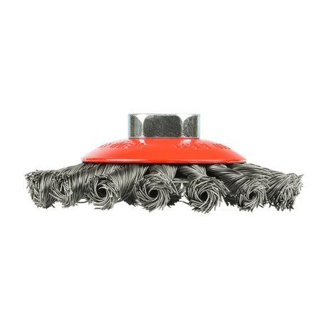 This is an image showing TIMCO Angle Grinder Bevel Brush - Twisted Knot Steel Wire - 100mm - 1 Each Blister Pack available from T.H Wiggans Ironmongery in Kendal, quick delivery at discounted prices.