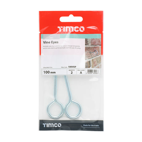 This is an image showing TIMCO Vine Eyes - Zinc - 100mm - 2 Pieces TIMpac available from T.H Wiggans Ironmongery in Kendal, quick delivery at discounted prices.
