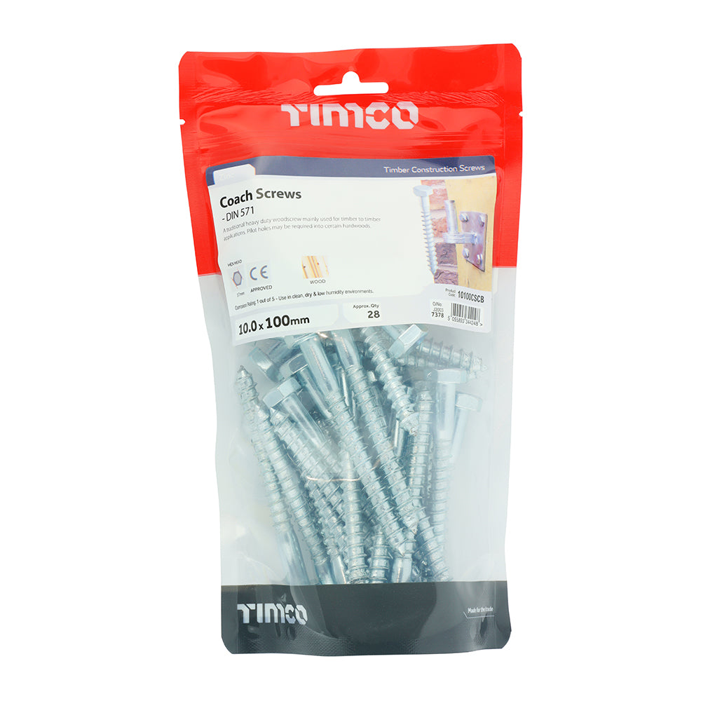 This is an image showing TIMCO Coach Screws - Hex - Zinc - 10.0 x 100 - 28 Pieces TIMbag available from T.H Wiggans Ironmongery in Kendal, quick delivery at discounted prices.