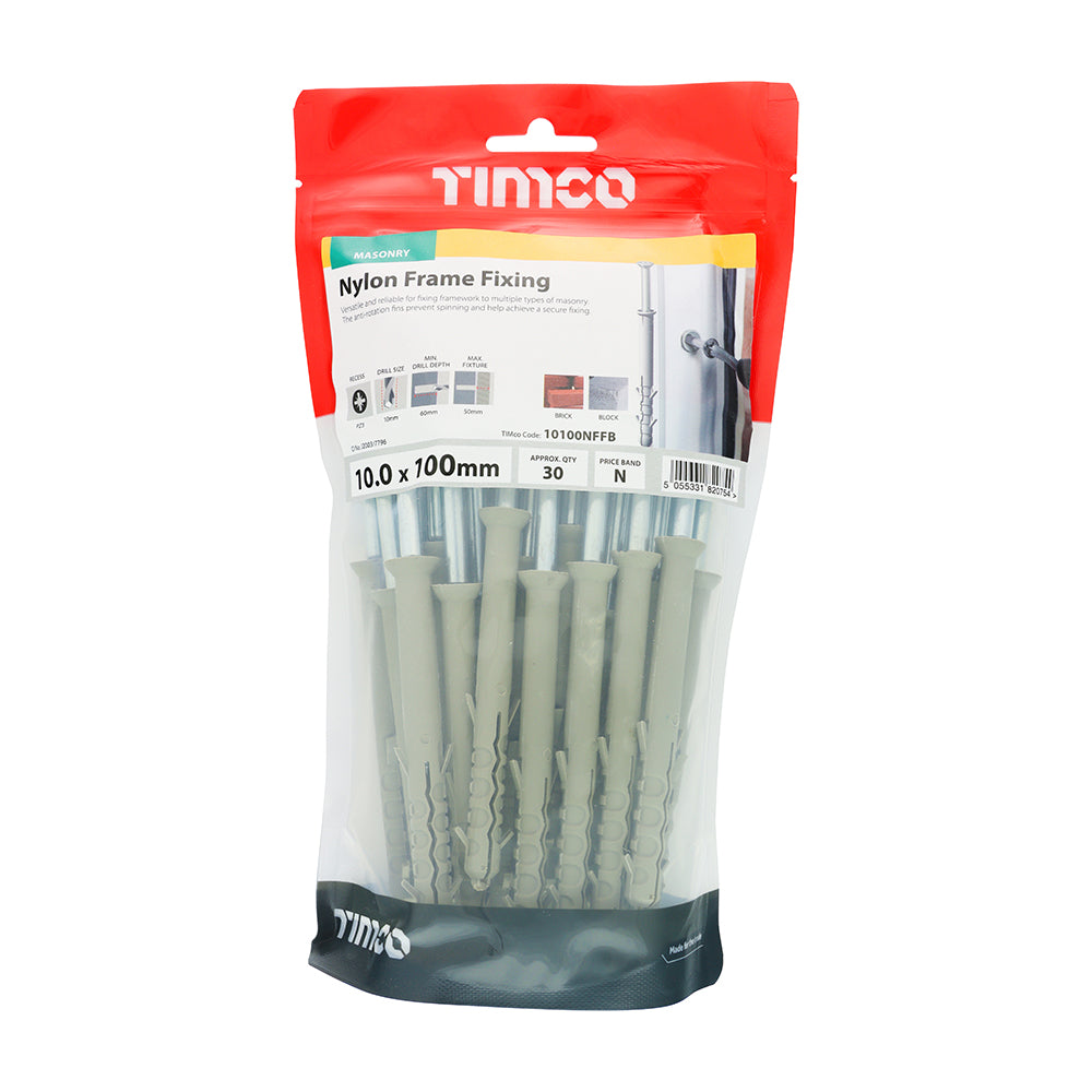 This is an image showing TIMCO Nylon Frame Fixings - PZ - Zinc - 10.0 x 100 - 30 Pieces TIMbag available from T.H Wiggans Ironmongery in Kendal, quick delivery at discounted prices.