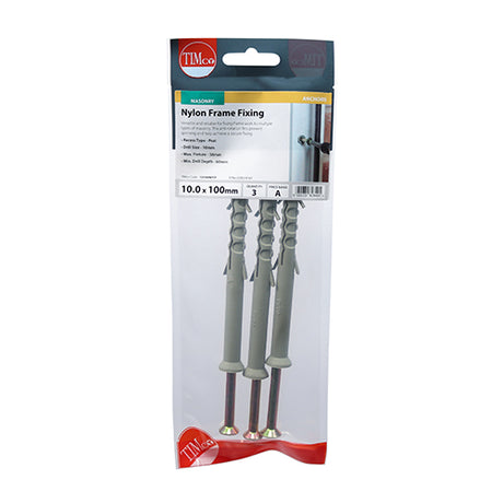 This is an image showing TIMCO Nylon Frame Fixings - PZ - Zinc - 10.0 x 100 - 3 Pieces TIMpac available from T.H Wiggans Ironmongery in Kendal, quick delivery at discounted prices.