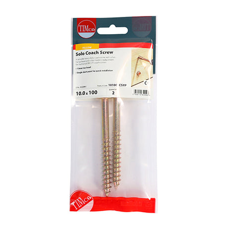 This is an image showing TIMCO Solo Coach Screws - Hex Flange - Yellow - 10.0 x 100 - 2 Pieces TIMpac available from T.H Wiggans Ironmongery in Kendal, quick delivery at discounted prices.