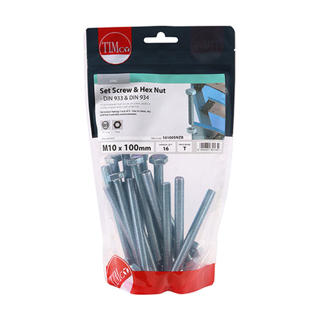 This is an image showing TIMCO Set Screws & Hex Nuts - Grade 8.8 - Zinc - M10 x 100 - 16 Pieces TIMbag available from T.H Wiggans Ironmongery in Kendal, quick delivery at discounted prices.