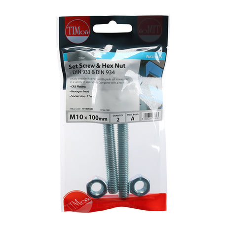 This is an image showing TIMCO Set Screws & Hex Nuts - Grade 8.8 - Zinc - M10 x 100 - 2 Pieces TIMpac available from T.H Wiggans Ironmongery in Kendal, quick delivery at discounted prices.