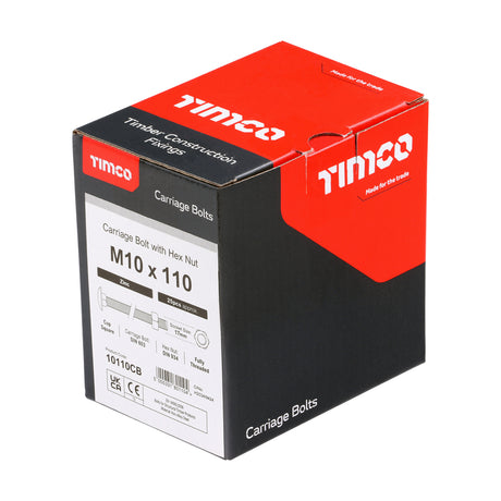 This is an image showing TIMCO Carriage Bolts & Hex Nuts - Zinc - M10 x 110 - 25 Pieces Box available from T.H Wiggans Ironmongery in Kendal, quick delivery at discounted prices.