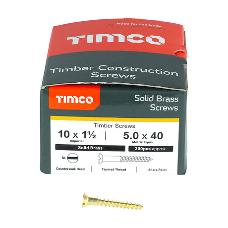 This is an image showing TIMCO Solid Brass Timber Screws - SLOT - Countersunk - 10 x 1 1/2 - 200 Pieces Box available from T.H Wiggans Ironmongery in Kendal, quick delivery at discounted prices.