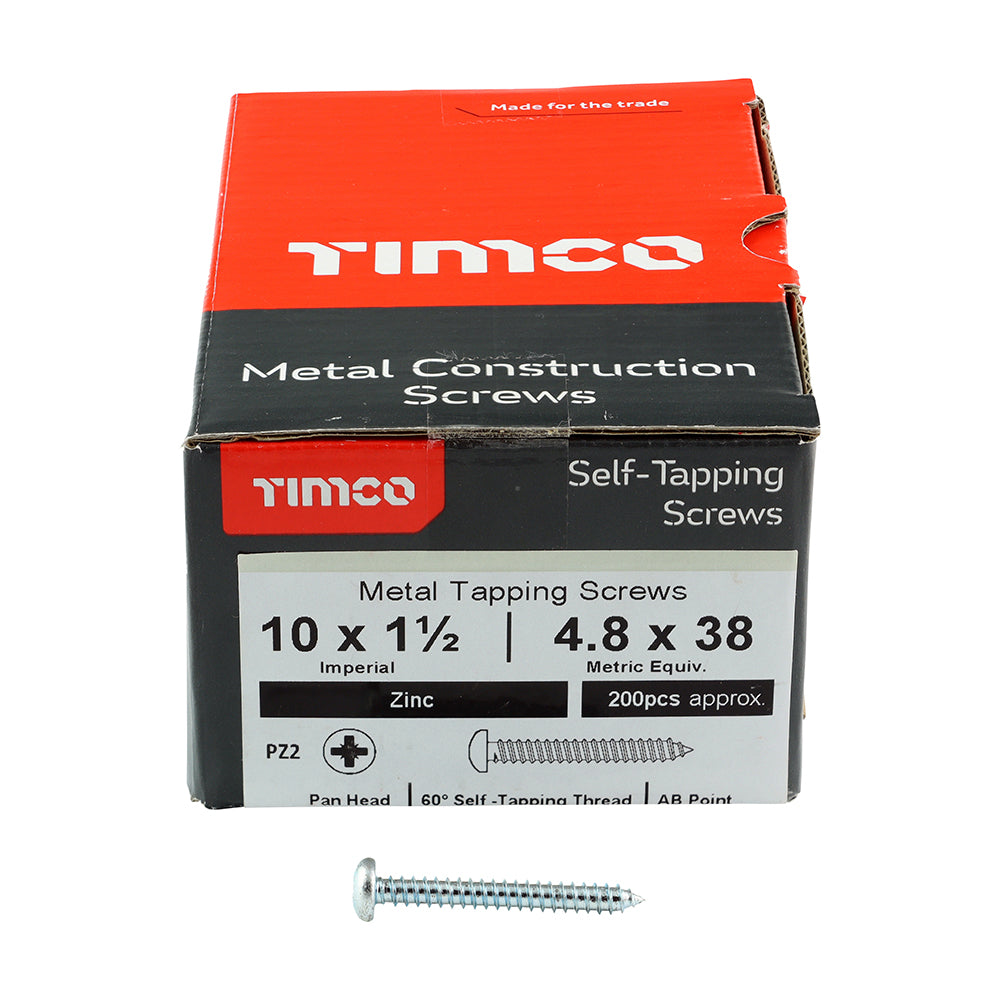 This is an image showing TIMCO Self-Tapping Screws - PZ - Pan - Zinc - 10 x 1 1/2 - 200 Pieces Box available from T.H Wiggans Ironmongery in Kendal, quick delivery at discounted prices.