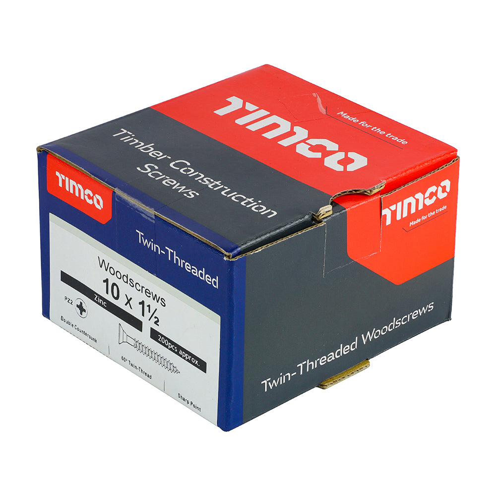 This is an image showing TIMCO Twin-Threaded Woodscrews - PZ - Double Countersunk - Zinc - 10 x 1 1/2 - 200 Pieces Box available from T.H Wiggans Ironmongery in Kendal, quick delivery at discounted prices.