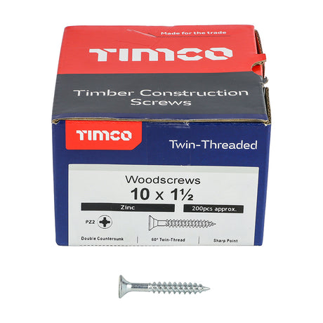 This is an image showing TIMCO Twin-Threaded Woodscrews - PZ - Double Countersunk - Zinc - 10 x 1 1/2 - 200 Pieces Box available from T.H Wiggans Ironmongery in Kendal, quick delivery at discounted prices.