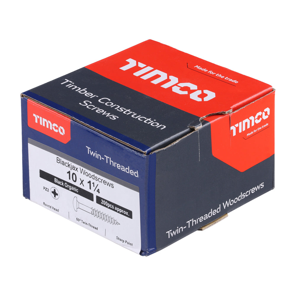 This is an image showing TIMCO Blackjax Woodscrews - PZ - Round - Black Organic - 10 x 1 1/4 - 200 Pieces Box available from T.H Wiggans Ironmongery in Kendal, quick delivery at discounted prices.