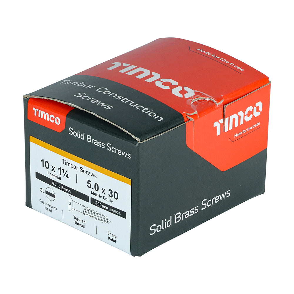 This is an image showing TIMCO Solid Brass Timber Screws - SLOT - Countersunk - 10 x 1 1/4 - 200 Pieces Box available from T.H Wiggans Ironmongery in Kendal, quick delivery at discounted prices.