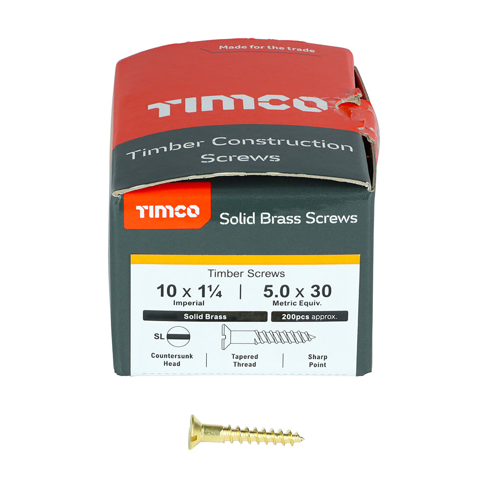 This is an image showing TIMCO Solid Brass Timber Screws - SLOT - Countersunk - 10 x 1 1/4 - 200 Pieces Box available from T.H Wiggans Ironmongery in Kendal, quick delivery at discounted prices.