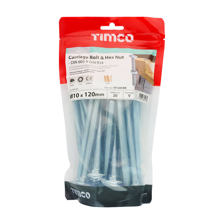 This is an image showing TIMCO Carriage Bolts & Hex Nuts - Zinc - M10 x 120 - 20 Pieces TIMbag available from T.H Wiggans Ironmongery in Kendal, quick delivery at discounted prices.