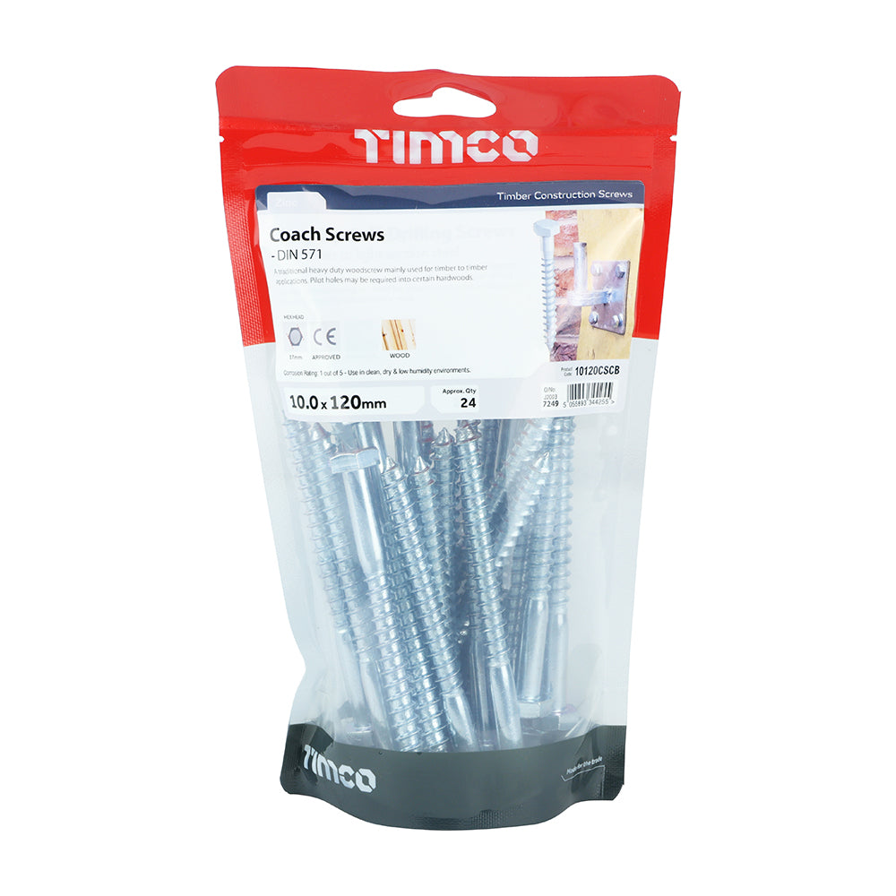 This is an image showing TIMCO Coach Screws - Hex - Zinc - 10.0 x 120 - 24 Pieces TIMbag available from T.H Wiggans Ironmongery in Kendal, quick delivery at discounted prices.