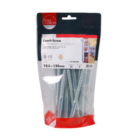 This is an image showing TIMCO Coach Screws - Hex - Zinc - 10.0 x 130 - 23 Pieces TIMbag available from T.H Wiggans Ironmongery in Kendal, quick delivery at discounted prices.