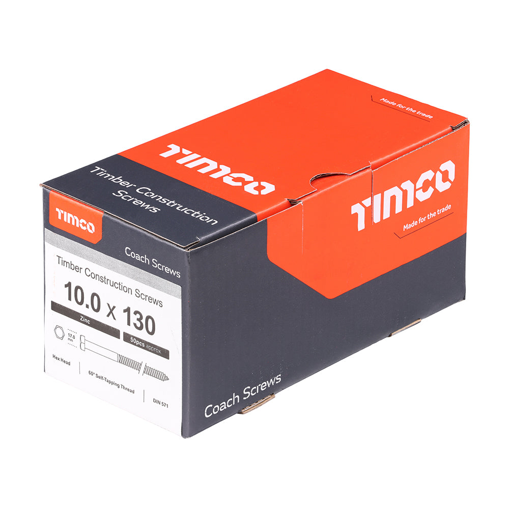 This is an image showing TIMCO Coach Screws - Hex - Zinc - 10.0 x 130 - 50 Pieces Box available from T.H Wiggans Ironmongery in Kendal, quick delivery at discounted prices.