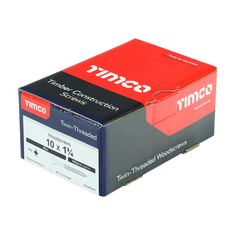 This is an image showing TIMCO Twin-Threaded Woodscrews - PZ - Double Countersunk - Zinc - 10 x 1 3/4 - 200 Pieces Box available from T.H Wiggans Ironmongery in Kendal, quick delivery at discounted prices.