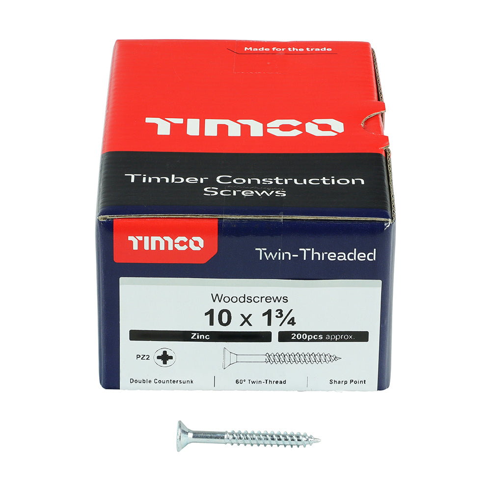 This is an image showing TIMCO Twin-Threaded Woodscrews - PZ - Double Countersunk - Zinc - 10 x 1 3/4 - 200 Pieces Box available from T.H Wiggans Ironmongery in Kendal, quick delivery at discounted prices.