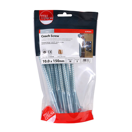 This is an image showing TIMCO Coach Screws - Hex - Zinc - 10.0 x 150 - 18 Pieces TIMbag available from T.H Wiggans Ironmongery in Kendal, quick delivery at discounted prices.