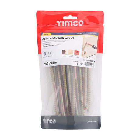 This is an image showing TIMCO Advanced Coach Screws - Hex Flange - Yellow - 10.0 x 160 - 18 Pieces TIMbag available from T.H Wiggans Ironmongery in Kendal, quick delivery at discounted prices.