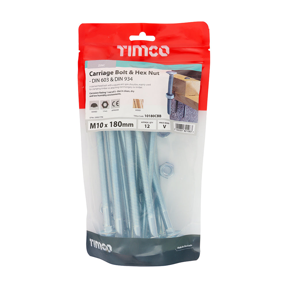 This is an image showing TIMCO Carriage Bolts & Hex Nuts - Zinc - M10 x 180 - 12 Pieces TIMbag available from T.H Wiggans Ironmongery in Kendal, quick delivery at discounted prices.