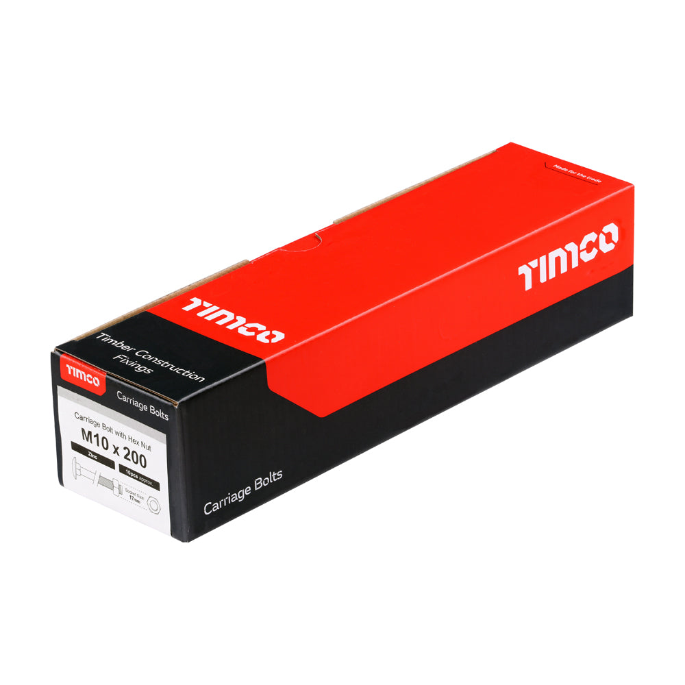 This is an image showing TIMCO Carriage Bolts & Hex Nuts - Zinc - M10 x 200 - 10 Pieces Box available from T.H Wiggans Ironmongery in Kendal, quick delivery at discounted prices.