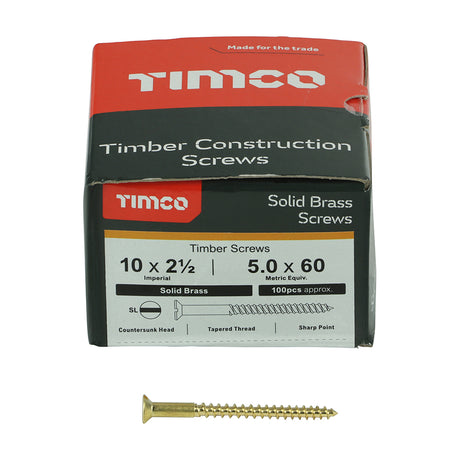 This is an image showing TIMCO Solid Brass Timber Screws - SLOT - Countersunk - 10 x 2 1/2 - 100 Pieces Box available from T.H Wiggans Ironmongery in Kendal, quick delivery at discounted prices.