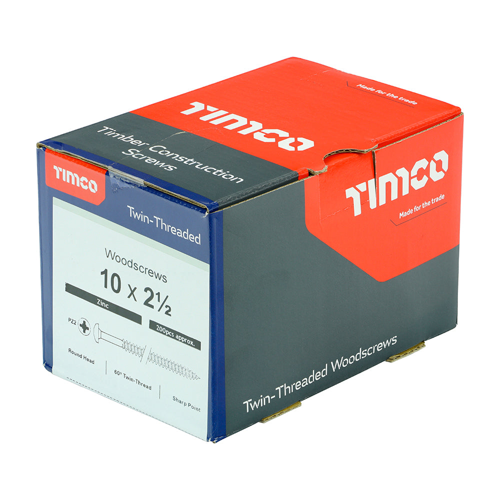 This is an image showing TIMCO Twin-Threaded Woodscrews - PZ - Round - Zinc - 10 x 2 1/2 - 200 Pieces Box available from T.H Wiggans Ironmongery in Kendal, quick delivery at discounted prices.