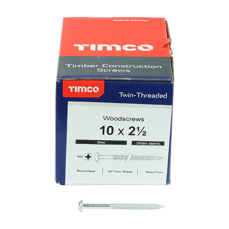 This is an image showing TIMCO Twin-Threaded Woodscrews - PZ - Round - Zinc - 10 x 2 1/2 - 200 Pieces Box available from T.H Wiggans Ironmongery in Kendal, quick delivery at discounted prices.