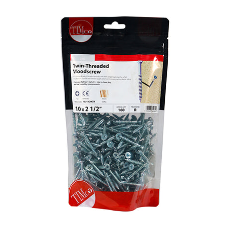 This is an image showing TIMCO Twin-Thread Woodscrews - PZ - Double Countersunk - Zinc - 10 x 2 1/2 - 160 Pieces TIMbag available from T.H Wiggans Ironmongery in Kendal, quick delivery at discounted prices.