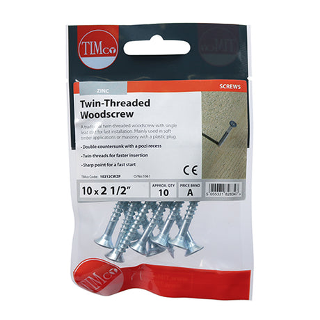 This is an image showing TIMCO Twin-Thread Woodscrews - PZ - Double Countersunk - Zinc - 10 x 2 1/2 - 10 Pieces TIMpac available from T.H Wiggans Ironmongery in Kendal, quick delivery at discounted prices.