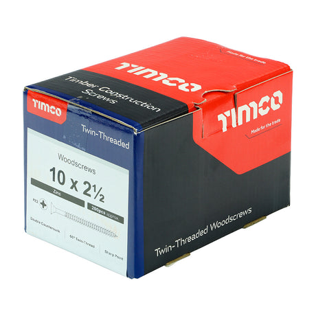 This is an image showing TIMCO Twin-Threaded Woodscrews - PZ - Double Countersunk - Zinc - 10 x 2 1/2 - 200 Pieces Box available from T.H Wiggans Ironmongery in Kendal, quick delivery at discounted prices.