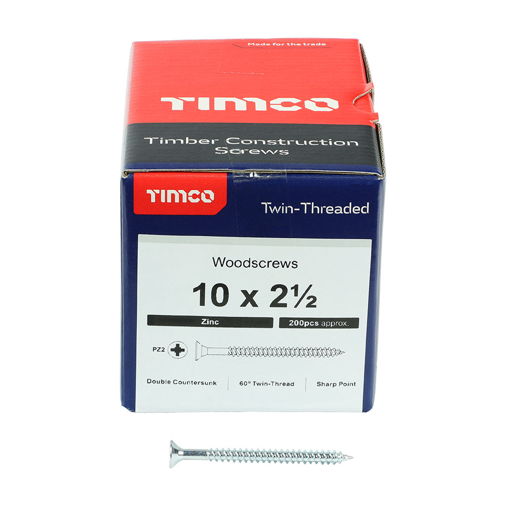 This is an image showing TIMCO Twin-Threaded Woodscrews - PZ - Double Countersunk - Zinc - 10 x 2 1/2 - 200 Pieces Box available from T.H Wiggans Ironmongery in Kendal, quick delivery at discounted prices.